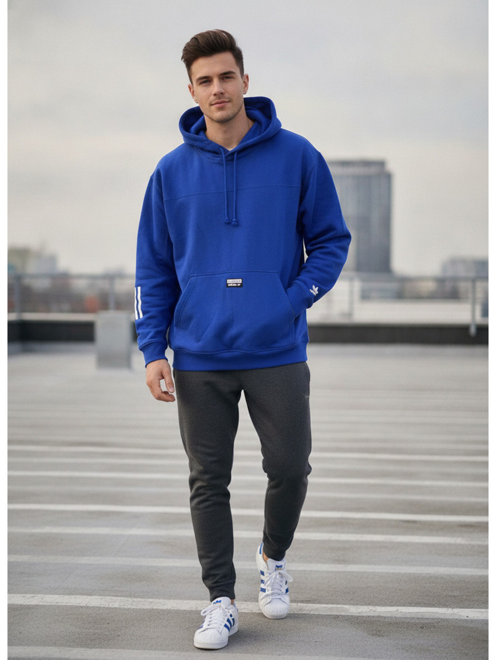 Adidas Originals Blue Hoodie with Three Stripe Detail